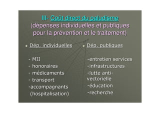 IIIIII-- CoCoûût direct du paludismet direct du paludisme
(d(déépenses individuelles et publiquespenses individuelles et publiques
pour la prpour la préévention et le traitement)vention et le traitement)
%5 +%5 +
##
## ;;
##
## %%
## %%
); % ,); % ,
%5% 6 &%5% 6 &
## ++
##
## ##
++
##
## ; ;; ;
 
