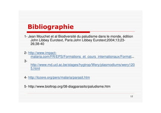 7%
1- Jean Mouchet et al Biodiversité du paludisme dans le monde, édition
John Libbey Eurotext, Paris:John Libbey Eurotext;2004;13;23-
26;38-40
2- http://www.impact-
malaria.com/FR/EPS/Formations_et_cours_internationaux/Format...
3-
http://www.md.ucl.ac.be/stages/hygtrop/Wery/plasmodiums/wery120
5.html
4- http://lozere.org/pers/malaria/parasit.htm
5- http://www.bioltrop.org/08-diagparasito/paludisme.htm