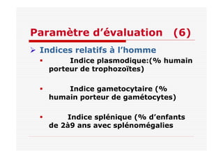 Paramètre d’évaluation (6)
Indices relatifs à l’homme
Indice plasmodique:(% humain
porteur de trophozoïtes)
Indice gametocytaire (%
humain porteur de gamétocytes)
Indice splénique (% d’enfants
de 2à9 ans avec splénomégalies
 