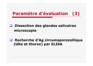 Paramètre d’évaluation (3)
Dissection des glandes salivaires
microscopie
Recherche d’Ag circumsporozoïtique
(tête et thorax) par ELISA
 