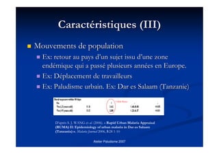 Atelier Paludisme 2007
CaractCaractééristiques (III)ristiques (III)
Mouvements de populationMouvements de population
Ex: retour au pays dEx: retour au pays d’’un sujet issu dun sujet issu d’’une zoneune zone
endendéémique qui a passmique qui a passéé plusieurs annplusieurs annéées en Europe.es en Europe.
Ex: DEx: Dééplacement de travailleursplacement de travailleurs
Ex: Paludisme urbain. Ex:Ex: Paludisme urbain. Ex: DarDar eses SalaamSalaam (Tanzanie)(Tanzanie)
Odds-Ratio
D’après S. J. WANG et al. (2006). « Rapid Urban Malaria Appraisal
(RUMA) II: Epidemiology of urban malaria in Dar es Salaam
(Tanzania) ». Malaria Journal 2006, 5:28 1-10
 