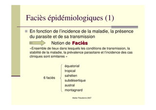 Atelier Paludisme 2007
Faciès épidémiologiques (1)
En fonction de l’incidence de la maladie, la présence
du parasite et de sa transmission
Notion de FaciFacièèss
«Ensemble de lieux dans lesquels les conditions de transmission, la
stabilité de la maladie, la prévalence parasitaire et l’incidence des cas
cliniques sont similaires »
équatorial
tropical
sahélien
subdésertique
austral
montagnard
6 faciès
 