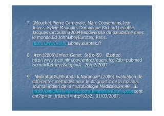 77-- J.Mouchet,PierreJ.Mouchet,Pierre CarnevaleCarnevale, Marc, Marc CoosemansCoosemans,Jean,Jean
JulvezJulvez, Sylvie, Sylvie ManguinManguin, Dominique Richard, Dominique Richard LenobleLenoble,,
JacquesJacques CircoulonCircoulon.(2004)Biodiversit.(2004)Biodiversitéé du paludisme dansdu paludisme dans
lele monde.Edmonde.Ed JohnLibeyEurotexJohnLibeyEurotex, Paris., Paris.
http://www.Johnhttp://www.John Libbey.eurotex.frLibbey.eurotex.fr
88-- Anon.(2006).Infect Genet .6(6):459Anon.(2006).Infect Genet .6(6):459-- 63.citted63.citted
http//www.ncbi.nlm.gov/entrez/query.fcgi?http//www.ncbi.nlm.gov/entrez/query.fcgi?dbdb==pubmedpubmed
&&cmdcmd==RetrieveRetrieve&&doptdopt=A=A……26/02/200726/02/2007
99-- MendirattaDK,MendirattaDK,BhutadaBhutada k,k,NarangaPNarangaP.(2006).Evaluation de.(2006).Evaluation de
diffdifféérentes mrentes mééthodes pour le diagnostic de la malaria.thodes pour le diagnostic de la malaria.
Journal indien de la Microbiologie MJournal indien de la Microbiologie Méédicale.24:49dicale.24:49-- 51.51.
http://http://babelfish.altavista.combabelfish.altavista.com//babaelfishbabaelfish//trurl_pagetrurl_pagecontcont
entent??lplp==en_fren_fr&&trurltrurl=http%3a2=http%3a2……01/03/2007.01/03/2007.
 