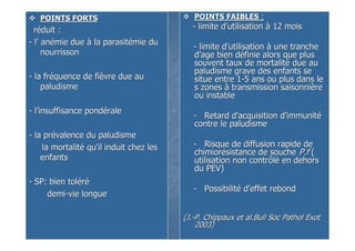 POINTS FORTSPOINTS FORTS
rrééduit :duit :
-- ll’’ ananéémie duemie due àà la parasitla parasitéémie dumie du
nourrissonnourrisson
-- la frla frééquence de fiquence de fièèvre due auvre due au
paludismepaludisme
-- ll’’insuffisance pondinsuffisance pondééralerale
-- la prla préévalence du paludismevalence du paludisme
la mortalitla mortalitéé ququ’’il induit chez lesil induit chez les
enfantsenfants
-- SP: bien tolSP: bien toléérréé
demidemi--vie longuevie longue
POINTS FAIBLESPOINTS FAIBLES ::
-- limite dlimite d’’utilisationutilisation àà 12 mois12 mois
-- limite dlimite d’’utilisationutilisation àà une trancheune tranche
dd’’age bien dage bien dééfinie alors que plusfinie alors que plus
souvent taux de mortalitsouvent taux de mortalitéé due audue au
paludisme grave des enfants sepaludisme grave des enfants se
situe entre 1situe entre 1--5 ans ou plus dans le5 ans ou plus dans le
s zoness zones àà transmission saisonnitransmission saisonnièèrere
ou instableou instable
-- Retard dRetard d’’acquisition dacquisition d’’immunitimmunitéé
contre le paludismecontre le paludisme
-- Risque de diffusion rapide deRisque de diffusion rapide de
chimiorchimioréésistance de souchesistance de souche P.fP.f ((
utilisation non contrôlutilisation non contrôléé en dehorsen dehors
du PEV)du PEV)
-- PossibilitPossibilitéé dd’’effet rebondeffet rebond
(J.(J.--P. Chippaux et al.Bull Soc Pathol ExotP. Chippaux et al.Bull Soc Pathol Exot
2003)2003)
 
