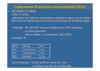 METHODES ET CIBLESMETHODES ET CIBLES::
-- Cible: 0Cible: 0--11mois11mois
-- Administrer de molAdministrer de moléécules antipaludiques pendant la scules antipaludiques pendant la sééance de vaccinationance de vaccination
(PEV) chez les enfants dans les zones de transmission de paludis(PEV) chez les enfants dans les zones de transmission de paludisme stableme stable
-- MolMoléécules : SP ( SP+ACT encours dcules : SP ( SP+ACT encours d’’ éétude pour le TPIe saisonnier)tude pour le TPIe saisonnier)
en prise supervisen prise supervisééee
dosedose àà repeter si vomissement aprrepeter si vomissement aprèès 30mns 30mn
-- Posologie :SPPosologie :SP
1/2cp1/2cpROUVAXROUVAXSP3SP3
1/2cp1/2cpTetravalent 3Tetravalent 3SP2SP2
1/2cp1/2cpTetravalent 2Tetravalent 2SP1SP1
dosedoseppéérioderiodepriseprise
ContreContre--indication : si prise de SP en moins de 1 moisindication : si prise de SP en moins de 1 mois
si allergies aux dsi allergies aux déérivrivéés de sulfamidess de sulfamides
Traitements PrTraitements Prééventifs intermittents(ventifs intermittents(TPIeTPIe))
 