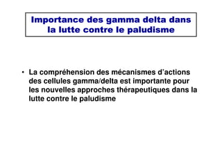 Importance des gamma delta dansImportance des gamma delta dansImportance des gamma delta dansImportance des gamma delta dans
la lutte contre le paludismela lutte contre le paludismela lutte contre le paludismela lutte contre le paludisme
• La compréhension des mécanismes d’actions
des cellules gamma/delta est importante pour
les nouvelles approches thérapeutiques dans la
lutte contre le paludisme
 