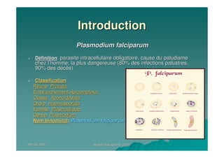 09/05/200709/05/2007 Atelier Paludisme 2007Atelier Paludisme 2007
IntroductionIntroduction
Plasmodium falciparumPlasmodium falciparum
DDééfinitionfinition:: parasite intracellulaire obligatoire, cause du paludismeparasite intracellulaire obligatoire, cause du paludisme
chez lchez l’’homme; la plus dangereuse (80% des infections palustres,homme; la plus dangereuse (80% des infections palustres,
90% des d90% des dééccèès)s)
ClassificationClassification
RRèègnegne:: ProtistaProtista;;
EmbranchementEmbranchement::ApicomplexaApicomplexa;;
ClasseClasse:: AconoidasidaAconoidasida;;
OrdreOrdre:: HaemosporidaHaemosporida;;
FamilleFamille:: PlasmodiidaePlasmodiidae;;
GenreGenre:: PlasmodiumPlasmodium;;
Nom binominalNom binominal:: Plasmodium falciparumPlasmodium falciparum
 