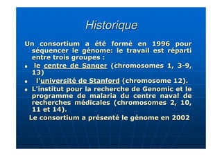 HistoriqueHistorique
Un consortium a été formé en 1996 pourUn consortium a été formé en 1996 pour
séquencer le génome: le travail est répartiséquencer le génome: le travail est réparti
entre trois groupes :entre trois groupes :
lele centre de Sangercentre de Sanger (chromosomes 1, 3(chromosomes 1, 3--9,9,
13)13)
l'l'université de Stanforduniversité de Stanford (chromosome 12).(chromosome 12).
L'institut pour la recherche deL'institut pour la recherche de GenomicGenomic et leet le
programme de malaria du centre naval deprogramme de malaria du centre naval de
recherches médicales (chromosomes 2, 10,recherches médicales (chromosomes 2, 10,
11 et 14).11 et 14).
Le consortium a présenté le génome en 2002Le consortium a présenté le génome en 2002
 