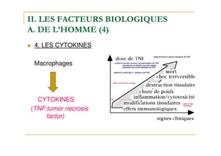 II. LES FACTEURS BIOLOGIQUES
A. DE L’HOMME (4)
4. LES CYTOKINES
Macrophages
CYTOKINES
(TNF:tumor necrosis
factor)
 