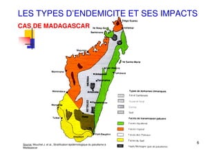 Atelier Paludisme 2007 6
LES TYPES D’ENDEMICITE ET SES IMPACTS
CAS DE MADAGASCAR
Source: Mouchet J. et al., Stratification épidémiologique du paludisme à
Madagascar
 