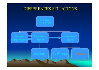 INFECTION
PALUSTRE
Portage
asymptomatique
Paludisme
simple
Paludisme
grave
Guérison Guérison Décès
DIFFERENTES SITUATIONS
 