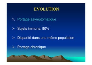EVOLUTIONEVOLUTION
1. Portage asymptomatique
Sujets immuns: 90%
Disparité dans une même population
Portage chronique
 