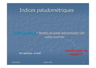 06/05/200806/05/2008 Atelier 2008Atelier 2008 66
Indice splIndice splééniquenique== Nombre de sujets splNombre de sujets spléénomnoméégalie*100galie*100
sujets examinsujets examinééss
IndicesIndices paludompaludoméétriquestriques
Classification de
HACKETT
Non spécifique et tardif
 