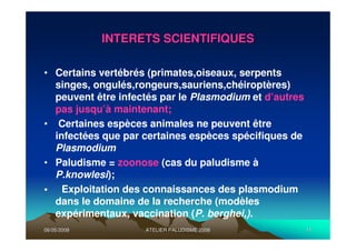 06/05/200806/05/2008 ATELIER PALUDISME 2008ATELIER PALUDISME 2008 1111
INTERETS SCIENTIFIQUESINTERETS SCIENTIFIQUES
• Certains vertébrés (primates,oiseaux, serpents
singes, ongulés,rongeurs,sauriens,chéiroptères)
peuvent être infectés par le Plasmodium et d’autres
pas jusqu’à maintenant;
• Certaines espèces animales ne peuvent être
infectées que par certaines espèces spécifiques de
Plasmodium
• Paludisme = zoonose (cas du paludisme à
P.knowlesi);
• Exploitation des connaissances des plasmodium
dans le domaine de la recherche (modèles
expérimentaux, vaccination (P. berghei,).
 