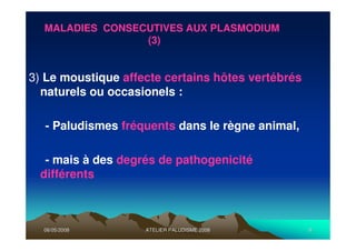 06/05/200806/05/2008 ATELIER PALUDISME 2008ATELIER PALUDISME 2008 88
3) Le moustique affecte certains hôtes vertébrés
naturels ou occasionels :
- Paludismes fréquents dans le règne animal,
- mais à des degrés de pathogenicité
différents
MALADIES CONSECUTIVES AUX PLASMODIUM
(3)
 