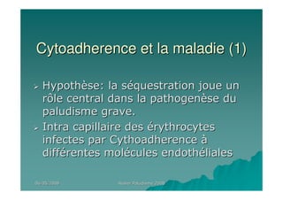 06/05/200806/05/2008 Atelier Paludisme 2008Atelier Paludisme 2008
Cytoadherence et la maladie (1)Cytoadherence et la maladie (1)
HypothHypothèèse: la sse: la sééquestration joue unquestration joue un
rôle central dans la pathogenrôle central dans la pathogenèèse duse du
paludisme grave.paludisme grave.
Intra capillaire desIntra capillaire des éérythrocytesrythrocytes
infectes par Cythoadherenceinfectes par Cythoadherence àà
diffdifféérentes molrentes moléécules endothcules endothéélialesliales
 