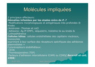 06/05/200806/05/2008 Atelier Paludisme 2008Atelier Paludisme 2008
MolMoléécules impliqucules impliquééeses
2 principaux effecteurs:
Hématies infestées par les stades mûrs de P. f
Modifications morphologiques et antigéniques très profondes ®
Knobs
(Ambroise- Thomas et coll)
Adhesine: Ag Pf EMP1, séquestrin, histidine lie au knobs &
Cythoadhérence
Cellules hôtes: cellules endothéliales des capillaire viscéraux,
monocytes
expriment à leur surface des récepteurs spécifiques des adhésines
plasmodiales =
Cytorecepteurs endothéliaux:
CD36
Thombospondine (TSP)
Facteurs d’adhésion intercellulaire ICAMI ou CDR5( Berendt et coll,
1998)
 