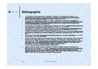 Atelier Paludisme 200812
Bibliographie
-V.S. Moorthy, E.B. Imoukhuede, P. Milligan, K. Bojang, S. Keating and P. Kaye et al., A
randomised, double-blind, controlled vaccine efficacy trial of DNA/MVA ME-TRAP against
malaria infection in Gambian adults, PLoS Med 1 (2004) (2), p. e33.
-P.L. Alonso, J. Sacarlal, J.J. Aponte, A. Leach, E. Macete and P. Aide et al., Duration of
protection with RTS,S/AS02A malaria vaccine in prevention of Plasmodium falciparum disease
in Mozambican children: single-blind extended follow-up of a randomised controlled trial,
Lancet 366 (2005) (9502), pp. 2012–2018.
-G. Snounou, A.C. Gruner, C.D. Muller-Graf, D. Mazier and L. Renia, The Plasmodium sporozoite
survives RTS,S vaccination, Trends Parasitol. 21 (2005) (10), pp. 456–461
-A.K. Mueller, M. Labaied, S.H. Kappe and K. Matuschewski, Genetically modified Plasmodium
parasites as a protective experimental malaria vaccine, Nature 433 (2005), pp. 164–167
-C.Roger, E.Orlando,-Pradines, T. Fusai, B.Pradines, S.Briolant and L.Alamaras, Vaccins contre
le paludisme: perspectives et réalités. Médecine et Maladies infectieuses:Aout 2006, 36(8), 414-
422.
-Christophe Boete, Des moustiques transgéniques peuvent-il vaincre le paludisme?. Le monde
diplomatique. Archives Juillet 2006.
-Vasee S Moorthy, Egeruan B Imoukhuede, Paul Milligan, Kalifa Bojang, Sheila Keating,
Pauline Kaye, Margaret Pinder, Sarah C Gilbert, Gijs Walraven, Brian M Greenwood,
and Adrian S. V Hill. A Randomised, Double-Blind, Controlled Vaccine Efficacy Trial of
DNA/MVA ME-TRAP Against Malaria Infection in Gambian Adults. PLoS Med. 2004
November; 1(2): e33. Published online 2004 October 26. doi:
10.1371/journal.pmed.0010033.PMCID: PMC524376
-Mehdi Labaied, Anke Harupa, Ronald F. Dumpit, Isabelle Coppens, Sebastian A.
Mikolajczak, and Stefan H. I. Kappe. Plasmodium yoelii Sporozoites with Simultaneous
Deletion of P52 and P36 Are Completely Attenuated and Confer Sterile Immunity
against Infection Infect Immun. 2007 August; 75(8): 3758–3768. Published online 2007
May 21. doi: 10.1128/IAI.00225-07.PMCID: PMC1951999
 