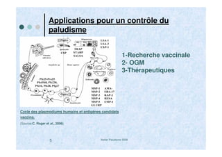Atelier Paludisme 20085
Applications pour un contrôle du
paludisme
Cycle des plasmodiums humains et antigènes candidats
vaccins.
(Source:C. Roger et al., 2006)
1-Recherche vaccinale
2- OGM
3-Thérapeutiques
 