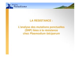 Ministère de la Santé, du Planning
Familial et de la Protection Sociale
Madagascar
Ministère de la Santé, du Planning
Familial et de la Protection Sociale
Madagascar
LA RESISTANCE :
L'analyse des mutations ponctuelles
(SNP) liées à la résistance
chez Plasmodium falciparum
 