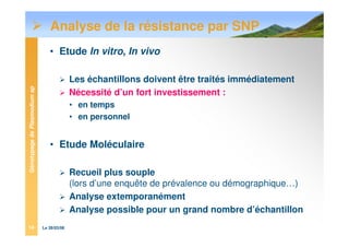 GénotypagedePlasmodiumsp
Le 28/03/0814
Analyse de la résistance par SNP
• Etude In vitro, In vivo
Les échantillons doivent être traités immédiatement
Nécessité d’un fort investissement :
• en temps
• en personnel
• Etude Moléculaire
Recueil plus souple
(lors d’une enquête de prévalence ou démographique…)
Analyse extemporanément
Analyse possible pour un grand nombre d’échantillon
 