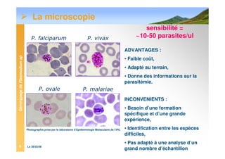 GénotypagedePlasmodiumsp
Le 28/03/088
La microscopie
P. falciparum P. vivax
P. ovale P. malariae
Photographie prise par le laboratoire d’Epidemiologie Moleculaire de l’IPC
sensibilité =
~10-50 parasites/ul
ADVANTAGES :
• Faible coût,
• Adapté au terrain,
• Donne des informations sur la
parasitémie.
INCONVENIENTS :
• Besoin d’une formation
spécifique et d’une grande
expérience,
• Identification entre les espèces
difficiles,
• Pas adapté à une analyse d’un
grand nombre d’échantillon
 