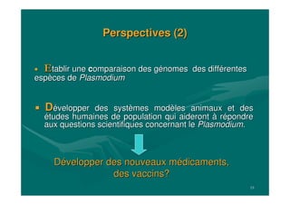 19
Perspectives (2)Perspectives (2)
DDéévelopper des systvelopper des systèèmes modmes modèèles animaux et desles animaux et des
éétudes humaines de population qui aideronttudes humaines de population qui aideront àà rréépondrepondre
aux questions scientifiques concernant leaux questions scientifiques concernant le Plasmodium.Plasmodium.
DDéévelopper des nouveaux mvelopper des nouveaux méédicaments,dicaments,
des vaccins?des vaccins?
EEtablirtablir uneune ccomparaison des gomparaison des géénomes des diffnomes des difféérentesrentes
espespèèces deces de PlasmodiumPlasmodium
 