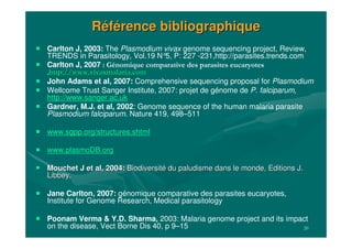 20
RRééfféérence bibliographiquerence bibliographique
Carlton J, 2003: The Plasmodium vivax genome sequencing project, Review,
TRENDS in Parasitology, Vol.19 N°5, P: 227 -231,http://parasites.trends.com
Carlton J, 2007 : Génomique comparative des parasites eucaryotes
,,http://http://www.vivaxmalaria.comwww.vivaxmalaria.com
John Adams et al, 2007: Comprehensive sequencing proposal for Plasmodium
Wellcome Trust Sanger Institute, 2007: projet de génome de P. falciparum,
http://www.sanger.ac.uk
Gardner, M.J. et al, 2002: Genome sequence of the human malaria parasite
Plasmodium falciparum. Nature 419, 498–511
www.sgpp.org/structures.shtml
www.plasmoDB.org
MouchetMouchet J et al, 2004:J et al, 2004: BiodiversitBiodiversitéé dudu paludismepaludisme dansdans lele mondemonde, Editions J., Editions J.
LibbeyLibbey..
Jane Carlton, 2007: génomique comparative des parasites eucaryotes,
Institute for Genome Research, Medical parasitology
Poonam Verma & Y.D. Sharma, 2003: Malaria genome project and its impact
on the disease, Vect Borne Dis 40, p 9–15
 