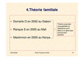 06/05/2008 Atelier Paludisme 2008 18
4.Théorie familiale
• Domarle O en 2002 au Gabon
• Ranque S en 2005 au Mali
• Mackinnon en 2005 au Kenya
Théorie avancée:
susceptibilité et
résistance sont
liées à un gène pas
encore bien
identifié
 