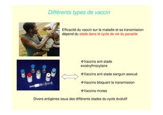 Efficacité du vaccin sur la maladie et sa transmission
dépend du stade dans le cycle de vie du parasite
Vaccins anti stade
exoérythrocytaire
Vaccins anti stade sanguin asexué
Vaccins bloquant la transmission
Vaccins mixtes
Divers antigènes issus des différents stades du cycle évolutif
Différents types de vaccin
 