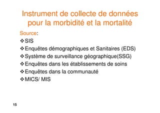 15
Instrument de collecte de données
pour la morbidité et la mortalité
Source:
SIS
Enquêtes démographiques et Sanitaires (EDS)
Système de surveillance géographique(SSG)
Enquêtes dans les établissements de soins
Enquêtes dans la communauté
MICS/ MIS
 