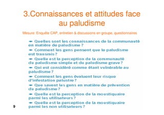 9
3.Connaissances et attitudes face
au paludisme
Mesure: Enquête CAP, entretien & discussions en groupe, questionnaires
 