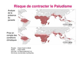 4
Risque de contracter le Paludisme
Analyse
de la
présence
du
parasite
Prise en
compte des
conditions
climatiques
Rouges : risque moyen à élevé.
Roses : risque faible.
Gris clair : le risque quasiment nul.
Gris foncé, les données insuffisantes.
 