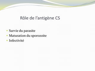 Rôle de l’antigène CS
 Survie du parasite
 Maturation du sporozoite
 Infectivité
 