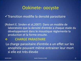 Ookinete- oocyste
Transition modifie la densité parasitaire
(Robert E. Sinden et al,2007) Dans un modèle de
laboratoire que la densité d’entrée a chaque stade du
développement dans le moustique réglemente la
production et la forme ensuite.
 CHARGE PARASTAIRE
La charge parasitaire d’entrée a un effet sur les
anophèle pouvant même entrainer leur mort
si elle est très élevée
20/03/2009 Atelier Paludisme 2009 10
 