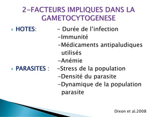  HOTES: - Durée de l’infection
-Immunité
-Médicaments antipaludiques
utilisés
-Anémie
 PARASITES : -Stress de la population
-Densité du parasite
-Dynamique de la population
parasite
Dixon et al.2008
 
