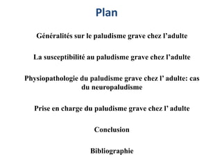 Plan
Généralités sur le paludisme grave chez l’adulte
La susceptibilité au paludisme grave chez l’adulte
Physiopathologie du paludisme grave chez l’ adulte: cas
du neuropaludisme
Prise en charge du paludisme grave chez l’ adulte
Conclusion
Bibliographie
 