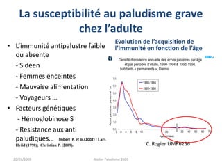 La susceptibilité au paludisme grave
chez l’adulte
• L’immunité antipalustre faible
ou absente
- Sidéen
- Femmes enceintes
- Mauvaise alimentation
- Voyageurs …
• Facteurs génétiques
- Hémoglobinose S
- Resistance aux anti
paludiques… Imbert P. et al.(2002) ; Lars
Hviid (1998); Christian P. (2009).
Evolution de l’acquisition de
l’immunité en fonction de l’âge
C. Rogier UMR6236
20/03/2009 Atelier Paludisme 2009
 