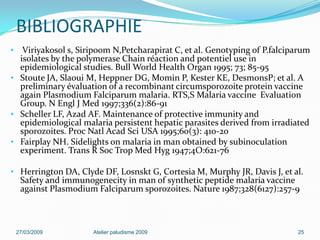 BIBLIOGRAPHIE
• Viriyakosol s, Siripoom N,Petcharapirat C, et al. Genotyping of P.falciparum
isolates by the polymerase Chain réaction and potentiel use in
epidemiological studies. Bull World Health Organ 1995; 73; 85-95
• Stoute JA, Slaoui M, Heppner DG, Momin P, Kester KE, DesmonsP; et al. A
preliminary évaluation of a recombinant circumsporozoite protein vaccine
again Plasmodium Falciparum malaria. RTS,S Malaria vaccine Evaluation
Group. N Engl J Med 1997;336(2):86-91
• Scheller LF, Azad AF. Maintenance of protective immunity and
epidemiological malaria persistent hepatic parasites derived from irradiated
sporozoites. Proc Natl Acad Sci USA 1995;60(3): 410-20
• Fairplay NH. Sidelights on malaria in man obtained by subinoculation
experiment. Trans R Soc Trop Med Hyg 1947;4O:621-76
• Herrington DA, Clyde DF, Losnskt G, Cortesia M, Murphy JR, Davis J, et al.
Safety and immunogenecity in man of synthetic peptide malaria vaccine
against Plasmodium Falciparum sporozoites. Nature 1987;328(6127):257-9
27/03/2009 Atelier paludisme 2009 25
 