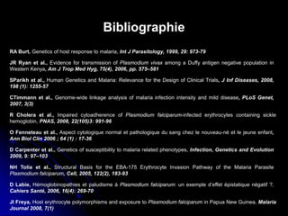 Bibliographie
O Fenneteau et al., Aspect cytologique normal et pathologique du sang chez le nouveau-né et le jeune enfant,
Ann Biol Clin 2006 ; 64 (1) : 17-36
D Carpenter et al., Genetics of susceptibility to malaria related phenotypes, Infection, Genetics and Evolution
2009, 9: 97–103
NH Tolia et al., Structural Basis for the EBA-175 Erythrocyte Invasion Pathway of the Malaria Parasite
Plasmodium falciparum, Cell, 2005, 122(2), 183-93
RA Burt, Genetics of host response to malaria, Int J Parasitology, 1999, 29: 973-79
CTimmann et al., Genome-wide linkage analysis of malaria infection intensity and mild disease, PLoS Genet,
2007, 3(3)
D Labie, Hémoglobinopathies et paludisme à Plasmodium falciparum: un exemple d’effet épistatique négatif ?,
Cahiers Santé, 2006, 16(4): 269-70
JI Freya, Host erythrocyte polymorphisms and exposure to Plasmodium falciparum in Papua New Guinea, Malaria
Journal 2008, 7(1)
SParikh et al., Human Genetics and Malaria: Relevance for the Design of Clinical Trials, J Inf Diseases, 2008,
198 (1): 1255-57
R Cholera et al., Impaired cytoadherence of Plasmodium falciparum-infected erythrocytes containing sickle
hemoglobin, PNAS, 2008, 22(105)3: 991-96
JR Ryan et al., Evidence for transmission of Plasmodium vivax among a Duffy antigen negative population in
Western Kenya, Am J Trop Med Hyg, 75(4), 2006, pp. 575–581
 