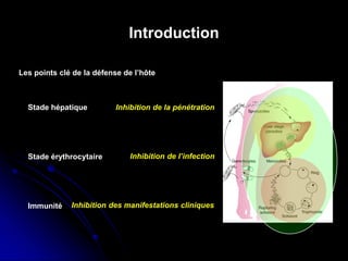 Introduction
Les points clé de la défense de l’hôte
Stade hépatique
Stade érythrocytaire
Immunité
Inhibition de la pénétration
Inhibition de l’infection
Inhibition des manifestations cliniques
 