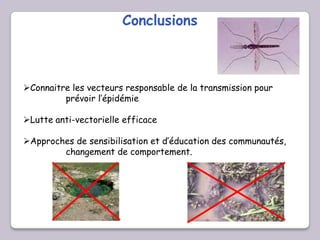 Conclusions
Connaitre les vecteurs responsable de la transmission pour
prévoir l’épidémie
Lutte anti-vectorielle efficace
Approches de sensibilisation et d’éducation des communautés,
changement de comportement.
 
