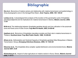 Bibliographie
Dia et al., Bionomics of malaria vectors and relationship with malaria transmission and epidemiology in
three physiographic zone in the Senegal River Basin, Acta Tropica, 2008, 105: 145-53
Briët et al.,The relationship between Anopheles gambiae density and rice cultivation in the savannah
zone and forest zone of Côte d'Ivoire.Trop Med Int Health, 2003, 8:439-48.
Upatham et al., Bionomics of Anopheles maculatus complex and their role in malaria transmission in
Thaïland, Southest Asian Trop Med Public Health, 1988, 19:259-69
Lardeux et al., A physiological time analysis of the duration of the gonotrophic cycle of Anopheles
pseudopunctipennis and its implications for malaria transmission in Bolivia, Malaria Journal, 2008,
7:141
Obsomer et al., The Anopheles dirus complex: spatial distribution and environmental drivers, Malaria
Journal 2007, 6:26
Afrane et al., Deforestation and Vectorial Capacity of Anopheles gambiae Giles Mosquitoes in Malaria
Transmission, Kenya, Emerging Infectious Diseases, 2008, 14: 1533-38
Klinkenberg et al., Impact of urban agriculture on malaria vectors in Accra, Ghana, Malaria Journal
2008, 7:151-9
 