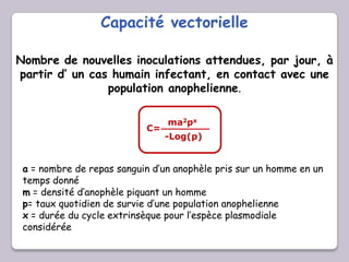 Capacité vectorielle
Nombre de nouvelles inoculations attendues, par jour, à
partir d’ un cas humain infectant, en contact avec une
population anophelienne.
C=
ma2px
-Log(p)
a = nombre de repas sanguin d’un anophèle pris sur un homme en un
temps donné
m = densité d’anophèle piquant un homme
p= taux quotidien de survie d’une population anophelienne
x = durée du cycle extrinsèque pour l’espèce plasmodiale
considérée
 