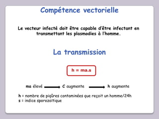 Compétence vectorielle
Le vecteur infecté doit être capable d’être infectant en
transmettant les plasmodies à l’homme.
La transmission
h = ma.s
ma élevé C augmente h augmente
h = nombre de piqûres contaminées que reçoit un homme/24h
s = indice sporozoïtique
 