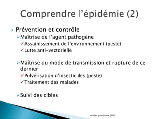  Prévention et contrôle
Maîtrise de l’agent pathogène
Assainissement de l’environnement (peste)
Lutte anti-vectorielle
Maîtrise du mode de transmission et rupture de ce
dernier
Pulvérisation d’insecticides (peste)
Traitement des malades
Suivi des cibles
Atelier paludisme 2009
 