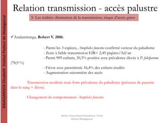 Relation transmission - accès palustre
RAVAOARISOAElisabethInstitutPasteurdeMadagascar
Atelier International Paludisme 7 ème
édition Madagascar
5- Les réalités: diminution de la transmission, risque d’accès grave
Analamiranga, Robert V. 2006:
- Parmi les 3 espèces, Anopheles funestus confirmé vecteur du paludisme
- Zone à faible transmission EIR= 2,49 piqûres/Ad/an
- Parmi 909 enfants, 30,3% positive avec prévalence élevée à P. falciparum
(78,9 %)
- Fièvre avec parasitémie 16,4% des enfants étudiés
- Augmentation saisonnière des accès
Transmission modérée mais forte prévalence du paludisme (présence de parasite
dans le sang + fièvre)
Changement de comportement Anopheles funestus
 