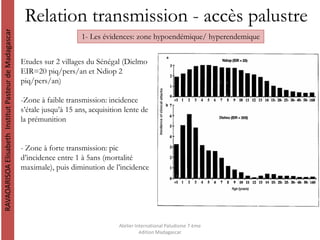 Relation transmission - accès palustre
RAVAOARISOAElisabethInstitutPasteurdeMadagascar
Atelier International Paludisme 7 ème
édition Madagascar
Etudes sur 2 villages du Sénégal (Dielmo
EIR=20 piq/pers/an et Ndiop 2
piq/pers/an)
-Zone à faible transmission: incidence
s’étale jusqu’à 15 ans, acquisition lente de
la prémunition
- Zone à forte transmission: pic
d’incidence entre 1 à 5ans (mortalité
maximale), puis diminution de l’incidence
1- Les évidences: zone hypoendémique/ hyperendemique
 