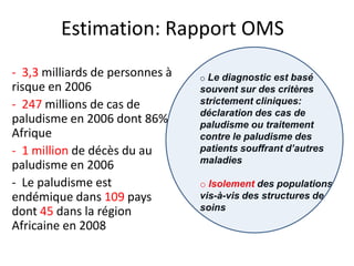 Estimation: Rapport OMS
- 3,3 milliards de personnes à
risque en 2006
- 247 millions de cas de
paludisme en 2006 dont 86%
Afrique
- 1 million de décès du au
paludisme en 2006
- Le paludisme est
endémique dans 109 pays
dont 45 dans la région
Africaine en 2008
o Le diagnostic est basé
souvent sur des critères
strictement cliniques:
déclaration des cas de
paludisme ou traitement
contre le paludisme des
patients souffrant d’autres
maladies
o Isolement des populations
vis-à-vis des structures de
soins
 