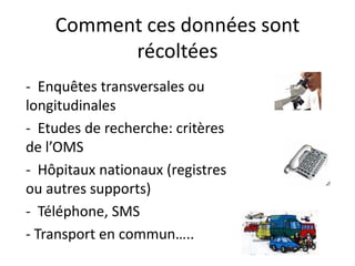 Comment ces données sont
récoltées
- Enquêtes transversales ou
longitudinales
- Etudes de recherche: critères
de l’OMS
- Hôpitaux nationaux (registres
ou autres supports)
- Téléphone, SMS
- Transport en commun…..
 